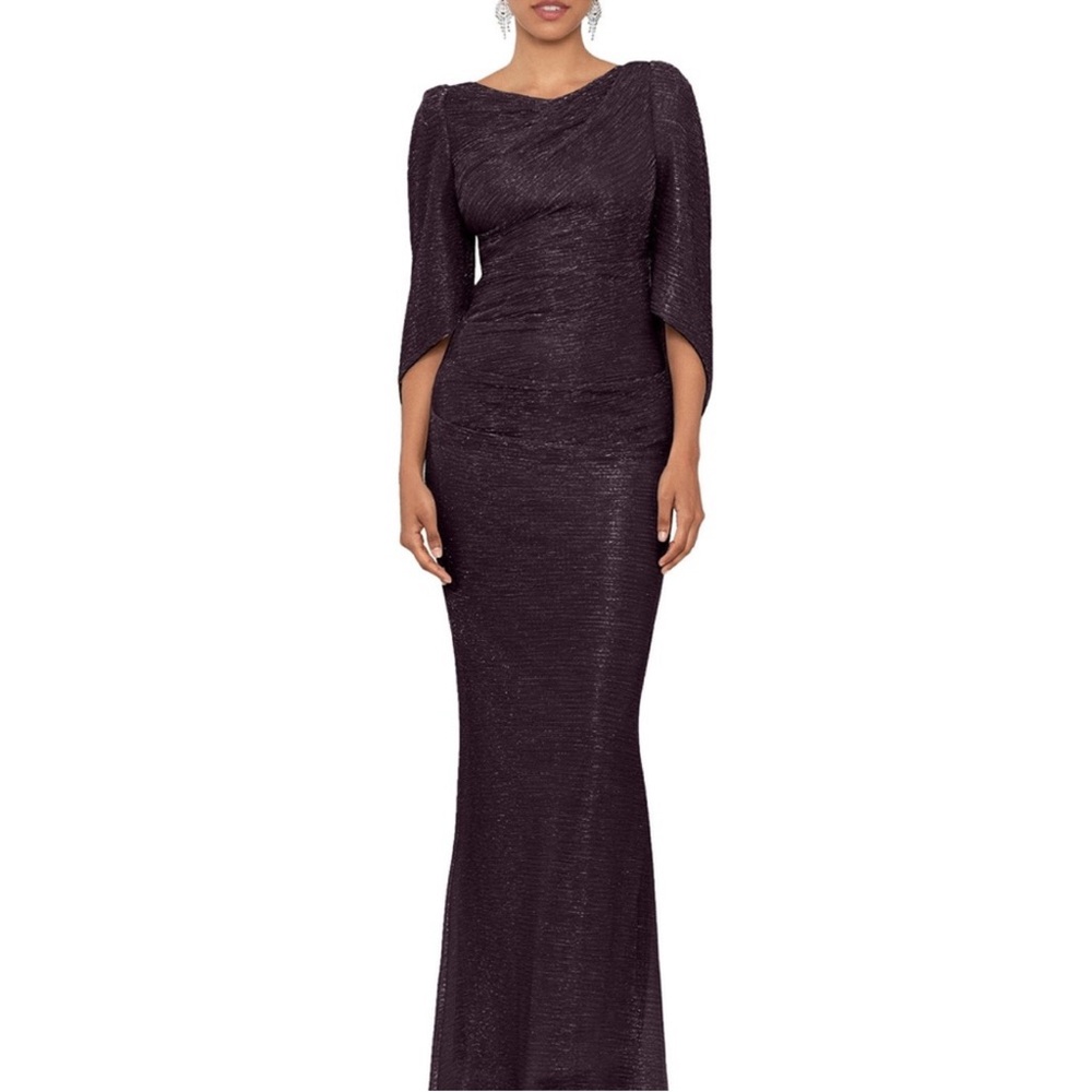 Betsy & Adam Dark Plum Long-Sleeve Draped Evening Gown